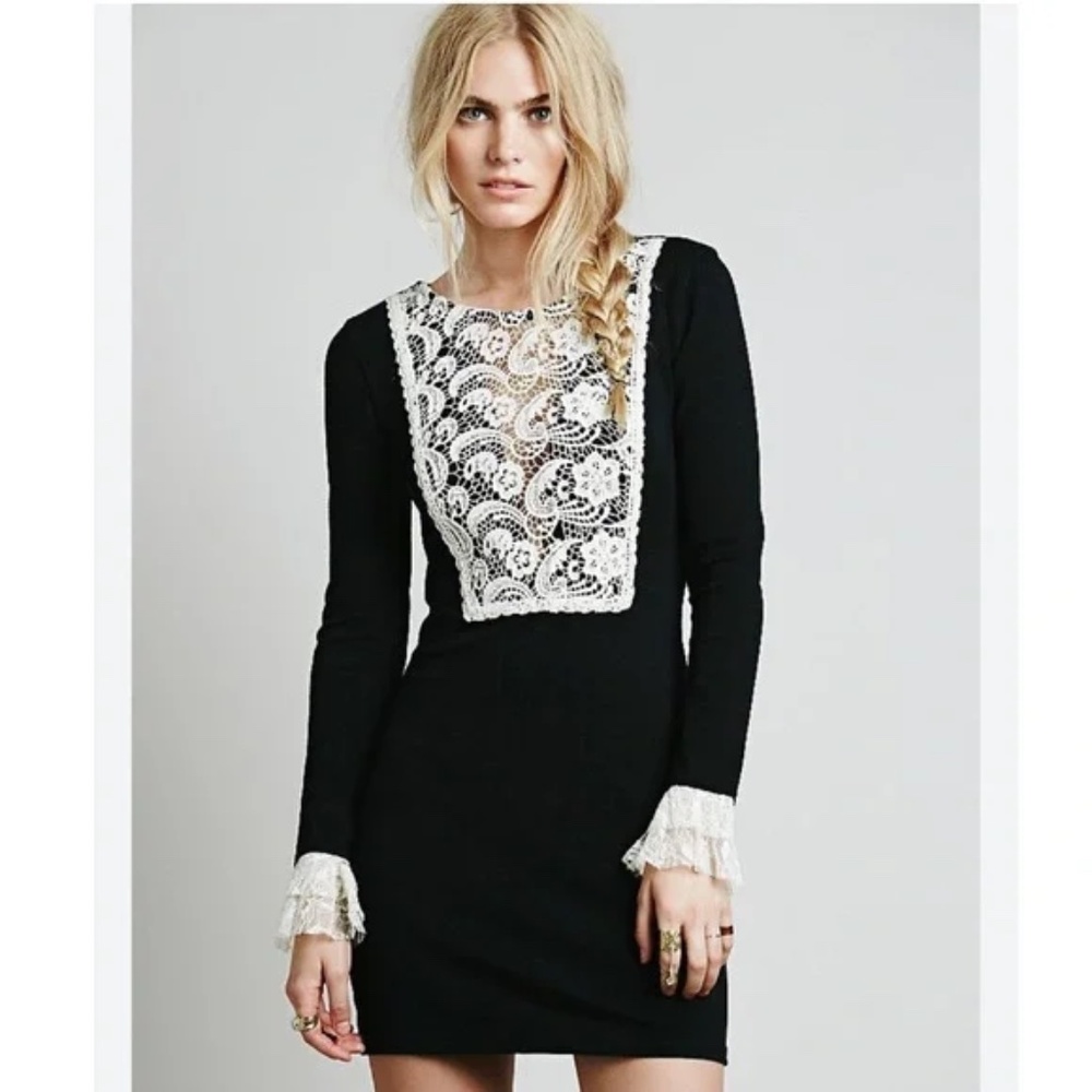 Free People Black With White Lace Bib Dress Wednesday Adams